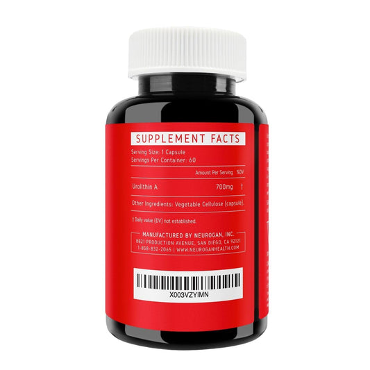 Neurogan Urolitina A, botella de cápsulas, etiqueta enfatiza calidad y origen