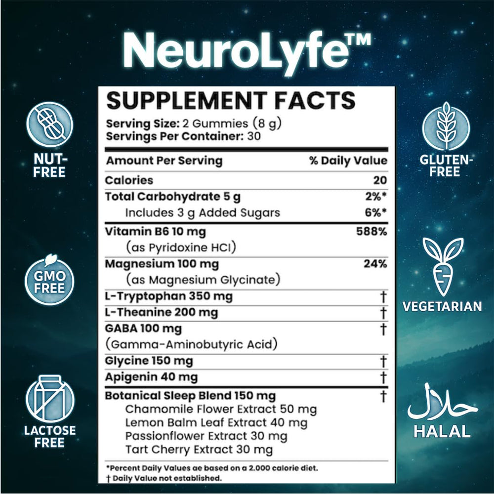 Neurolyfe gominolas junto a almohada ilustrando uso antes de dormir