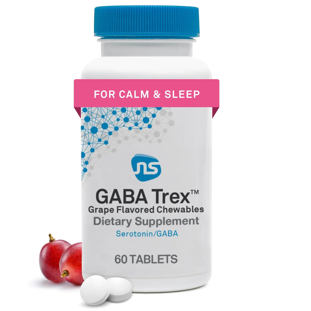 NeuroScience frasco frontal de GABA Trex mostrando diseño y cantidad de 60 tabletas, beneficio conveniencia