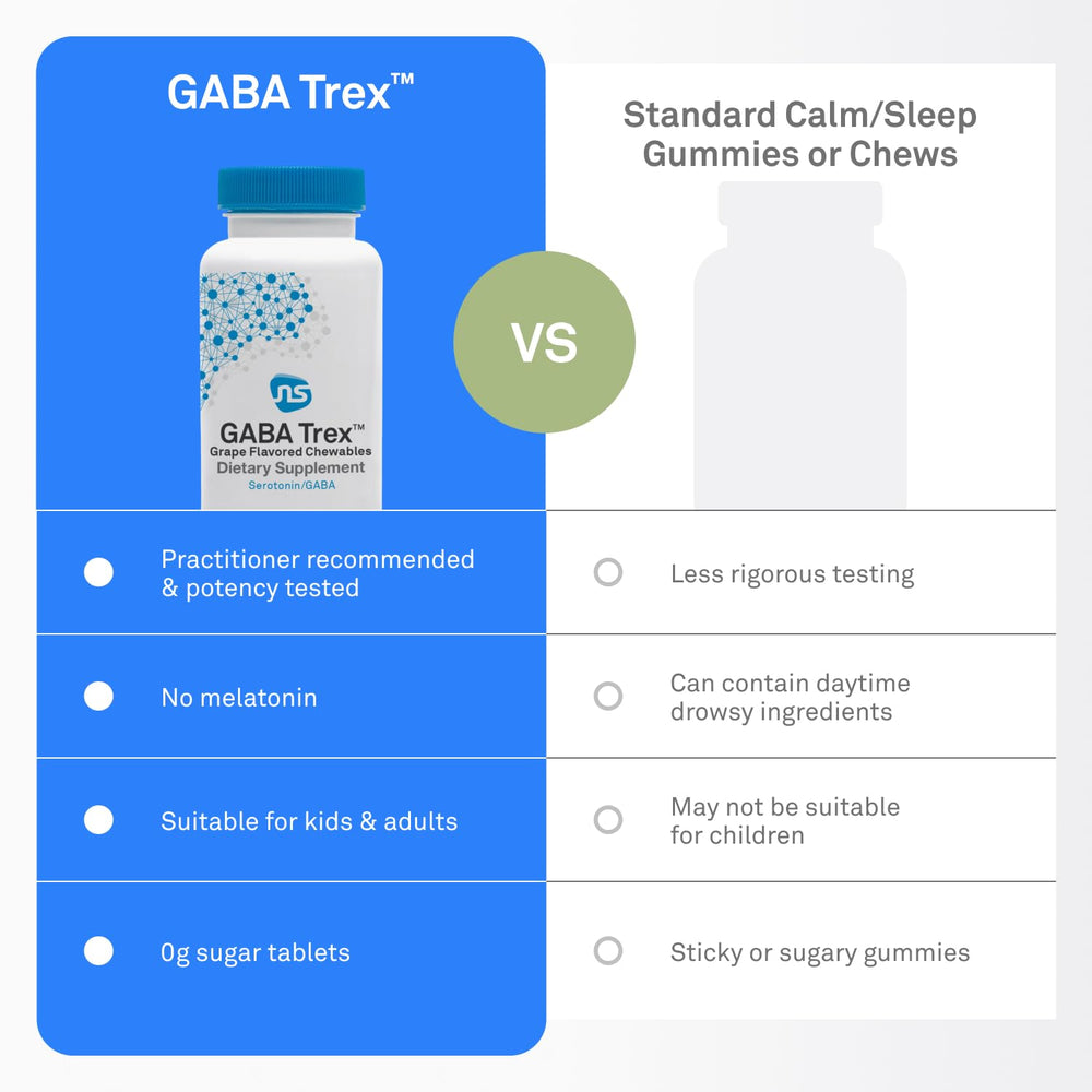 Persona sosteniendo NeuroScience GABA Trex para tomar sobre la marcha, beneficio portátil y sin agua