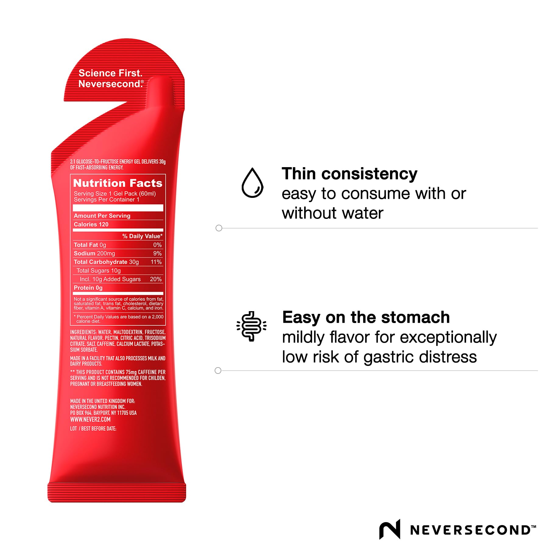 NeverSecond gel abierto mostrando envase práctico para consumo en movimiento