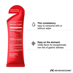 NeverSecond gel abierto mostrando envase práctico para consumo en movimiento