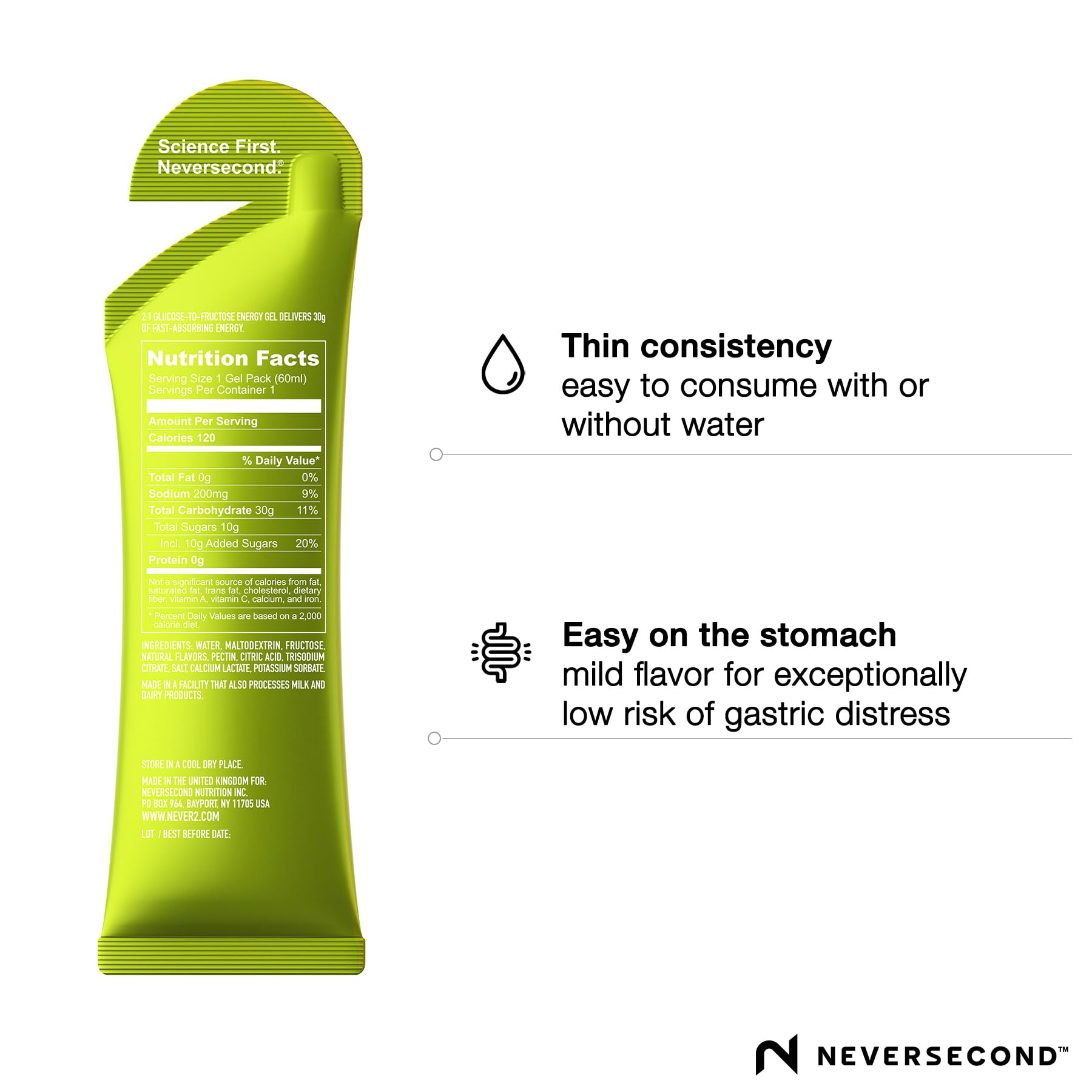 NeverSecond gel en mano listo para consumir, beneficio de uso en carrera
