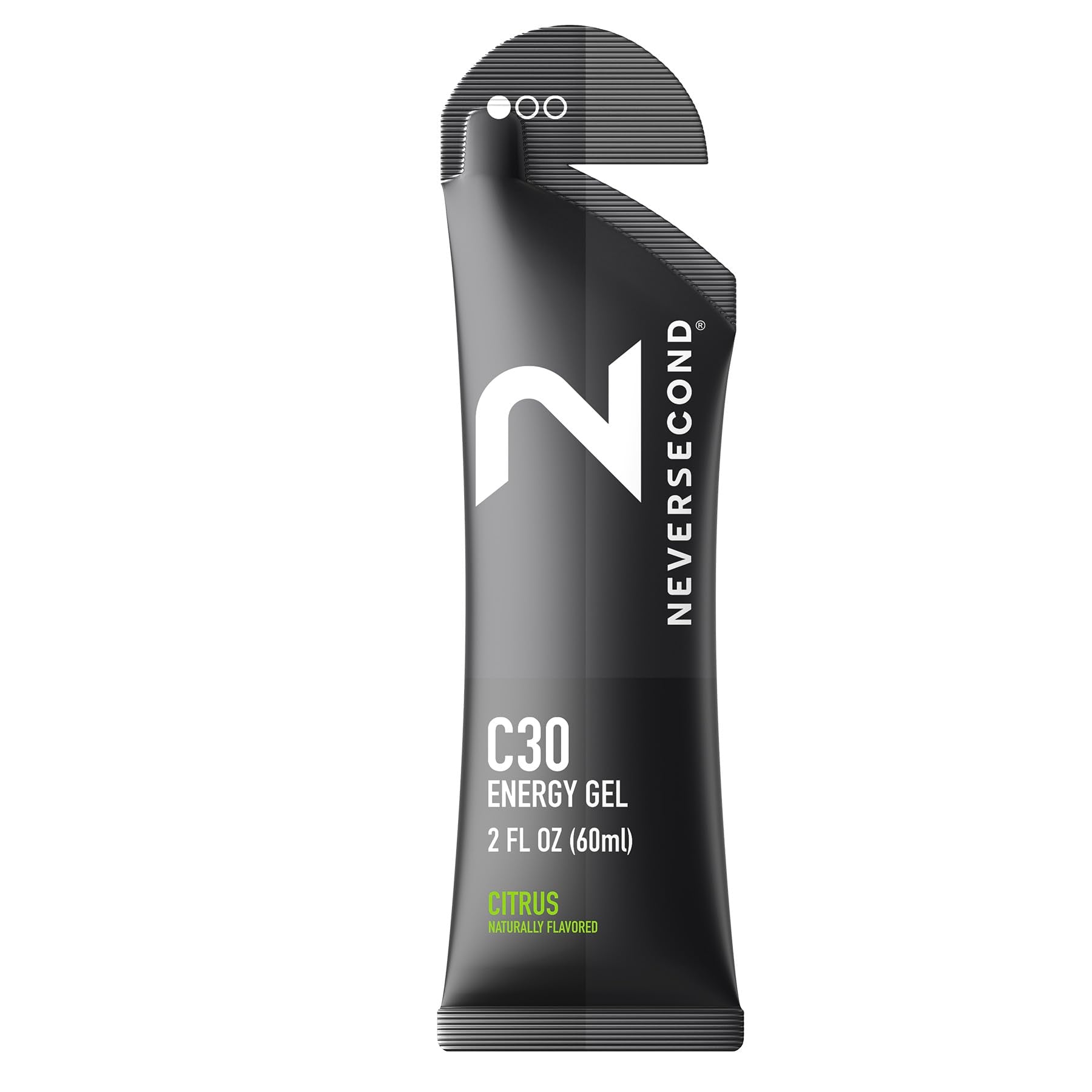 NeverSecond envase frontal mostrando 12 sobres y beneficio de energía portátil