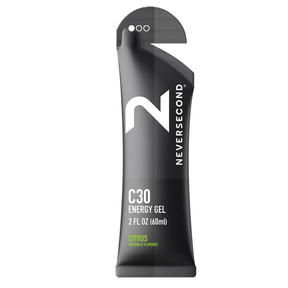 NeverSecond envase frontal mostrando 12 sobres y beneficio de energía portátil