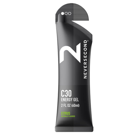NeverSecond envase frontal mostrando 12 sobres y beneficio de energía portátil