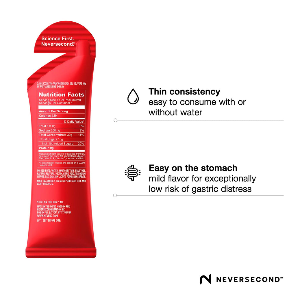 Neversecond atleta consumiendo gel en carrera con energía rápida