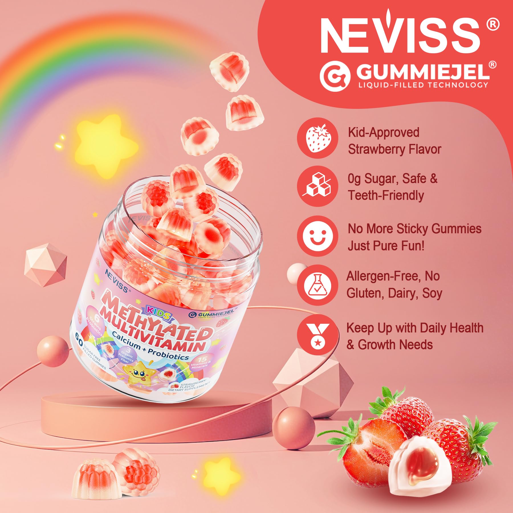 Botella NEVISS abierta con gomitas visibles y tapa de seguridad