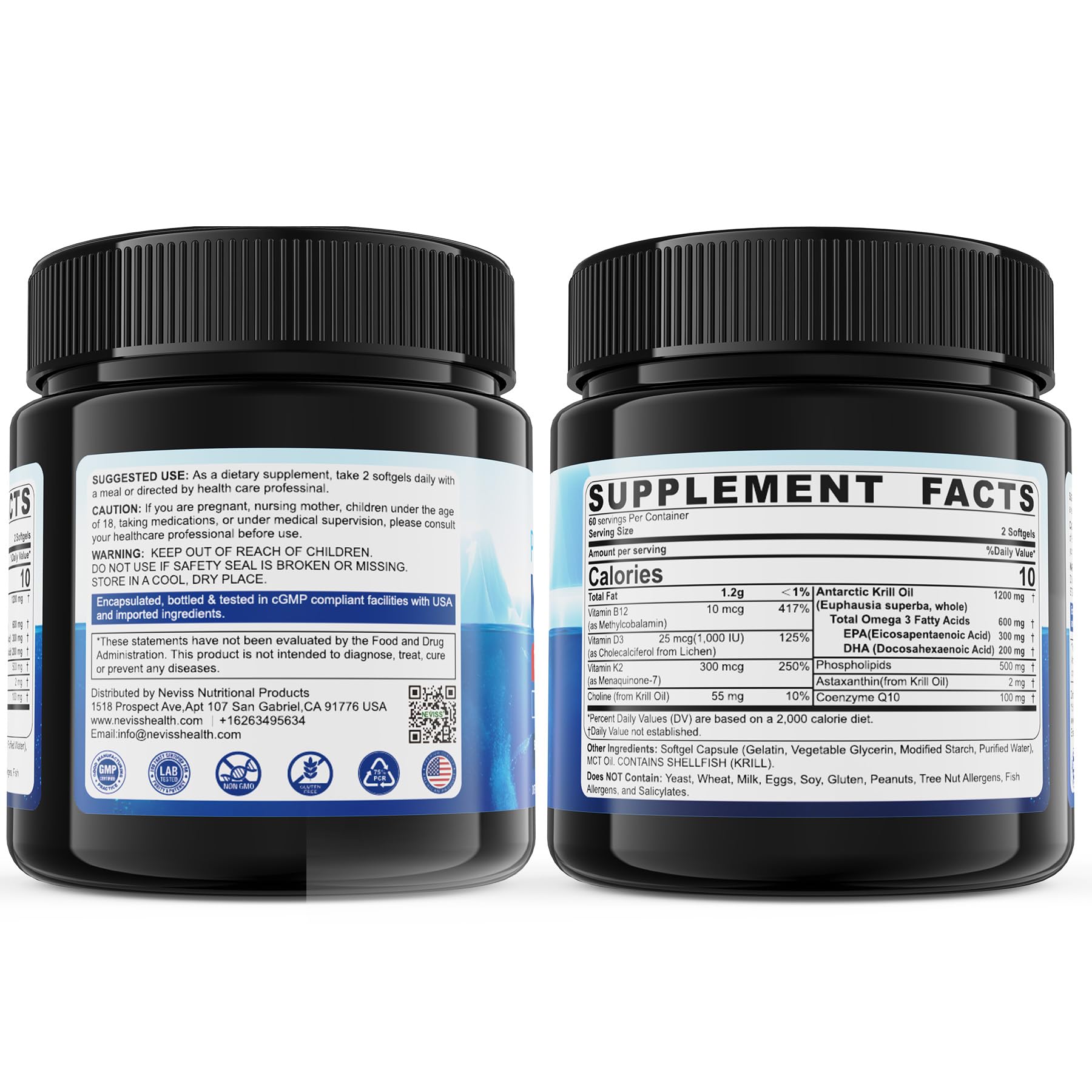 Frasco NEVISS abierto con softgels esparcidos mostrando contenido