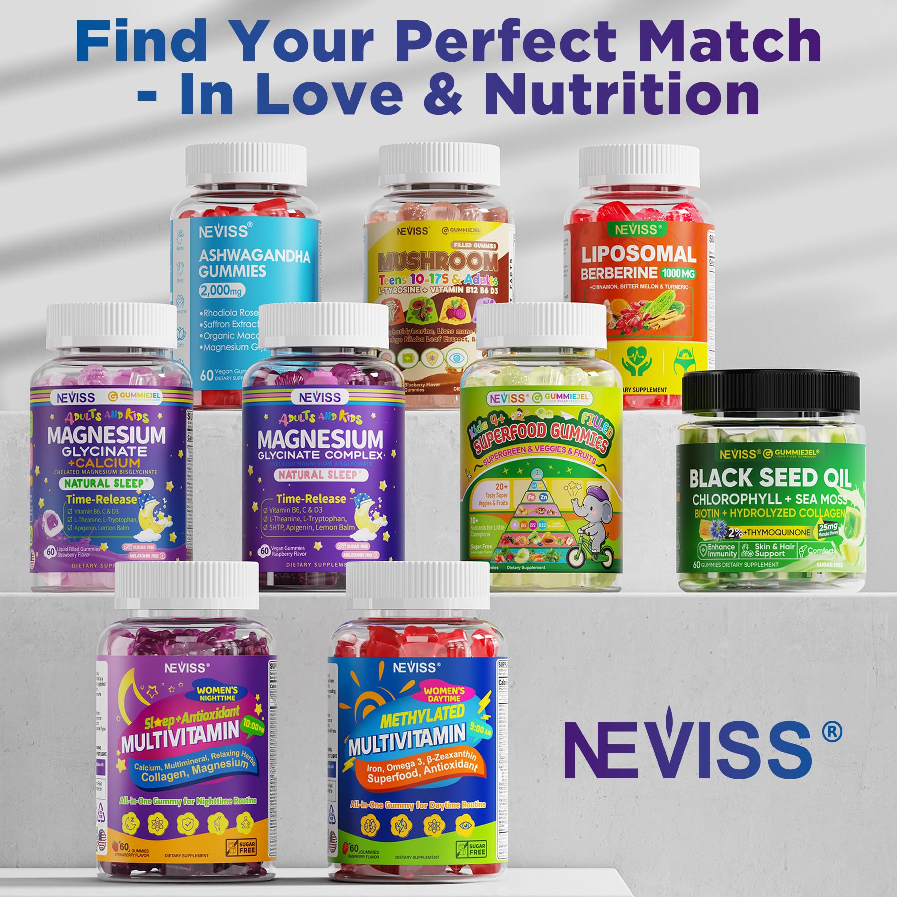 NEVISS envase abierto con gomitas organizadas para consumo diario