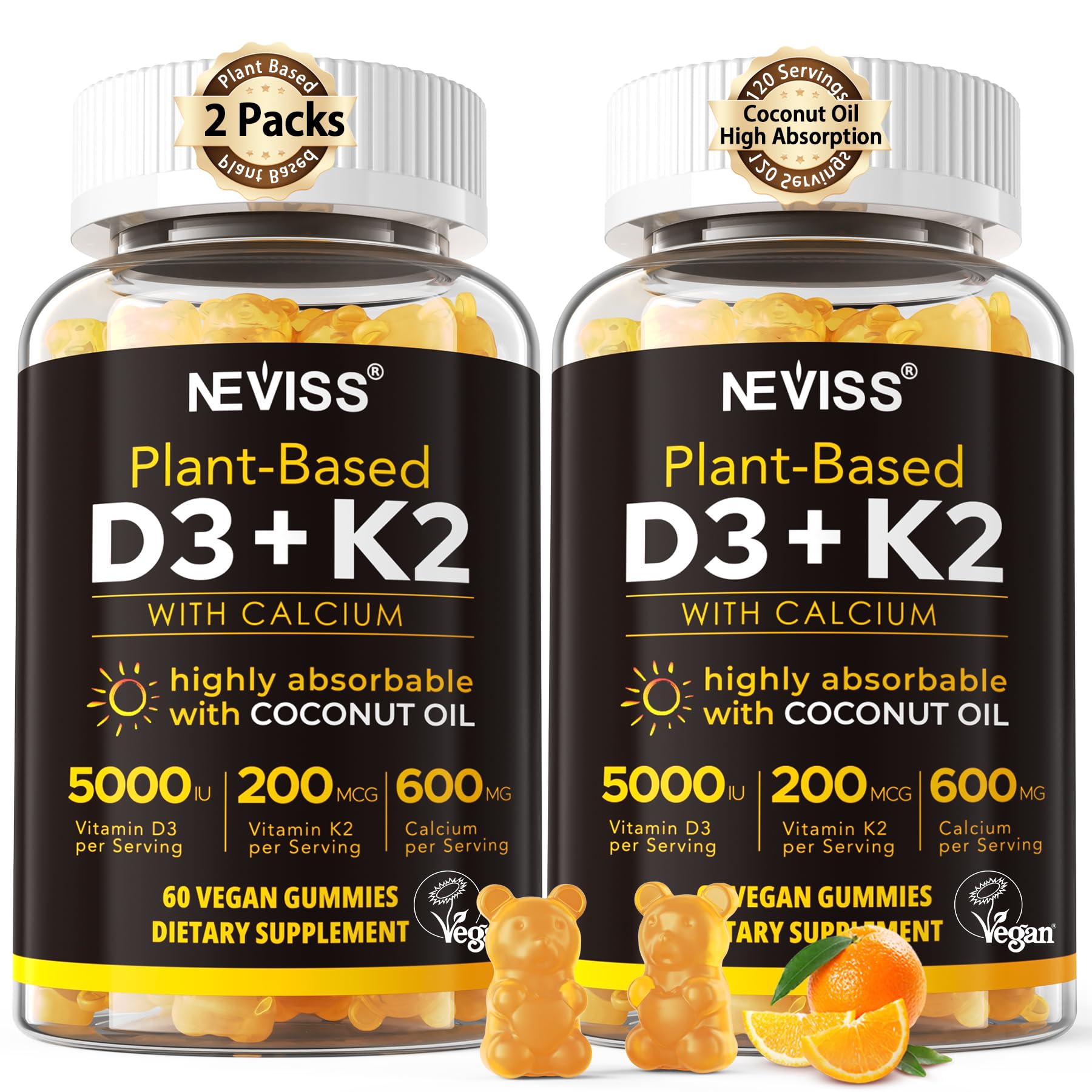 NEVISS envase frontal de gomitas D3 K2 mostrando beneficios y sello vegano