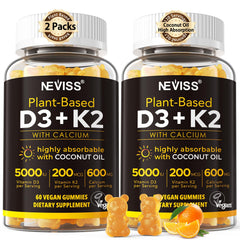 NEVISS envase frontal de gomitas D3 K2 mostrando beneficios y sello vegano