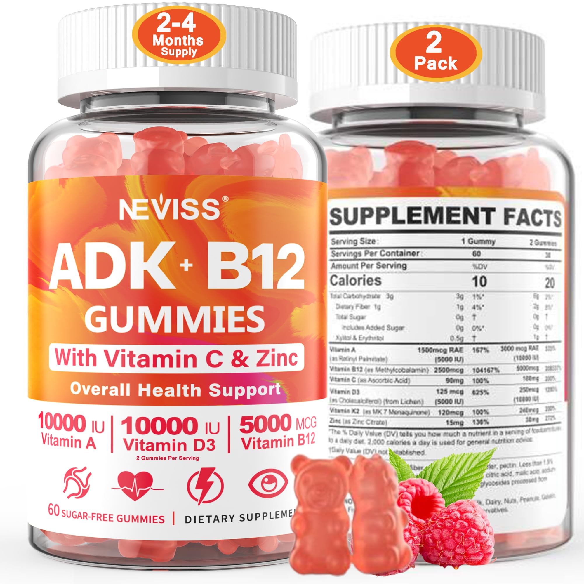 NEVISS frasco frontal de gomitas ADK+B12 mostrando etiqueta y beneficio diario