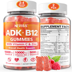 NEVISS frasco frontal de gomitas ADK+B12 mostrando etiqueta y beneficio diario