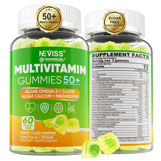 NEVISS frasco frontal de multivitaminas 50+ muestra presentación y confianza