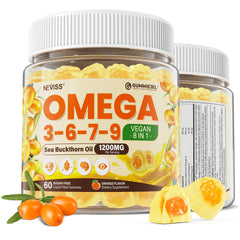 NEVISS frasco frontal mostrando etiqueta y 60 gomitas, conveniencia diaria