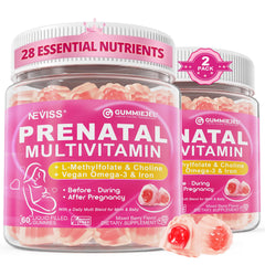 NEVISS frente del empaque mostrando gomitas prenatales y beneficios