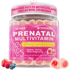 NEVISS frente del envase de gomitas prenatales, presentación clara y portable