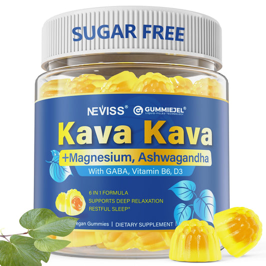 NEVISS envase frontal de Kava Kava Gummies con diseño y beneficio de calma