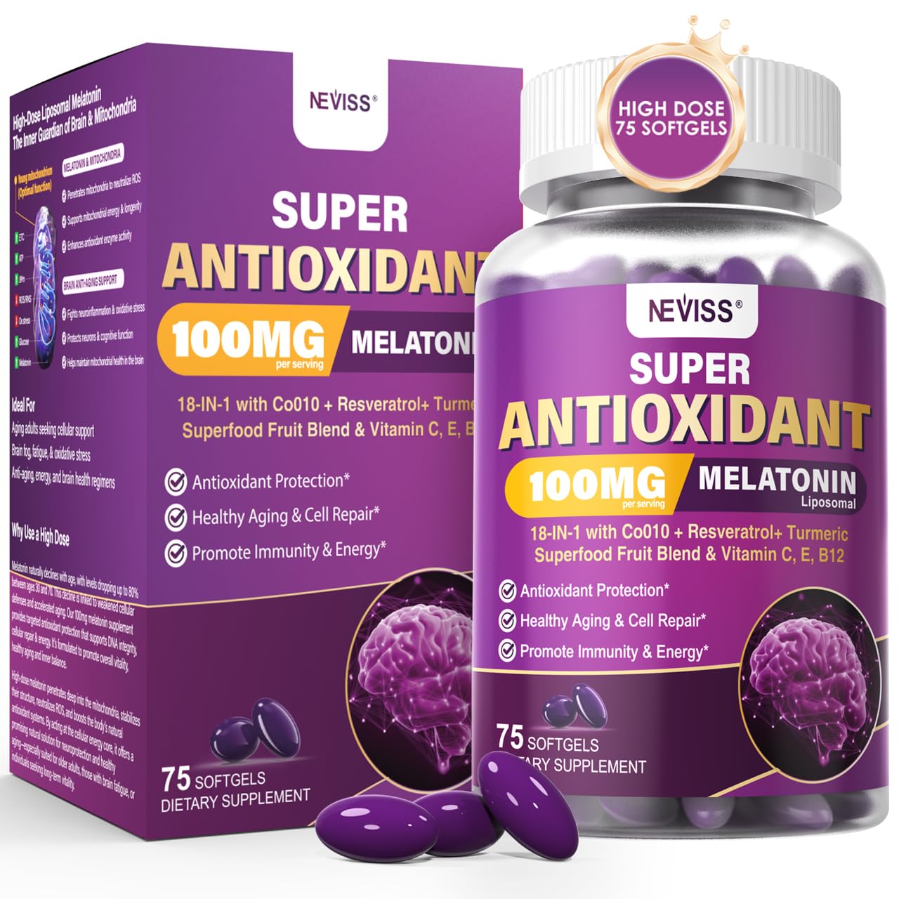 NEVISS frente del envase mostrando 75 softgels y beneficios antioxidantes