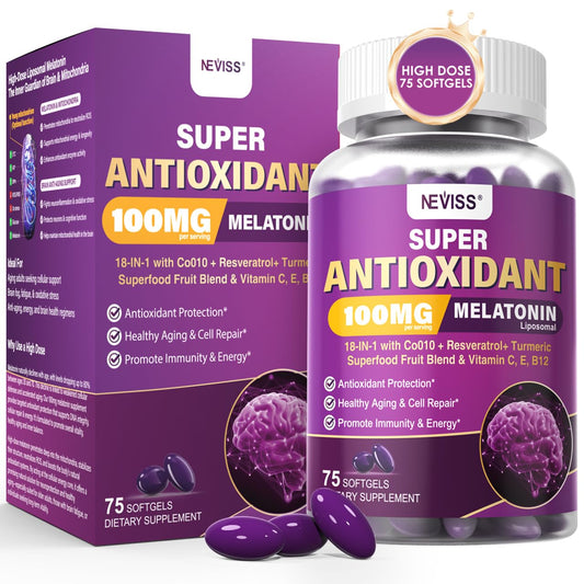 NEVISS frente del envase mostrando 75 softgels y beneficios antioxidantes