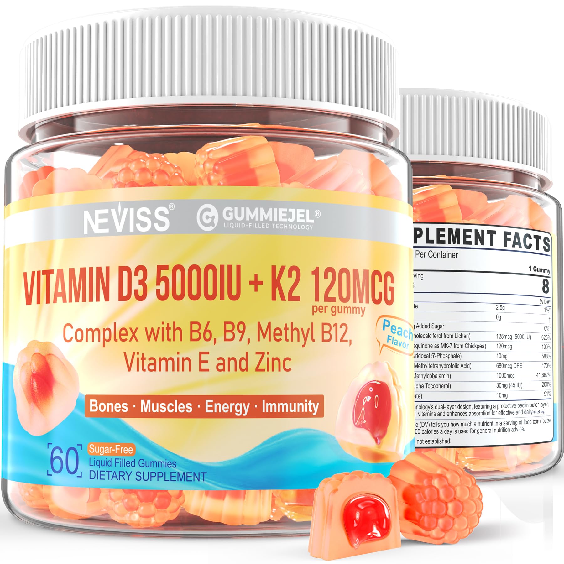 NEVISS envase frontal de gomitas D3 K2 mostrando dosis clara