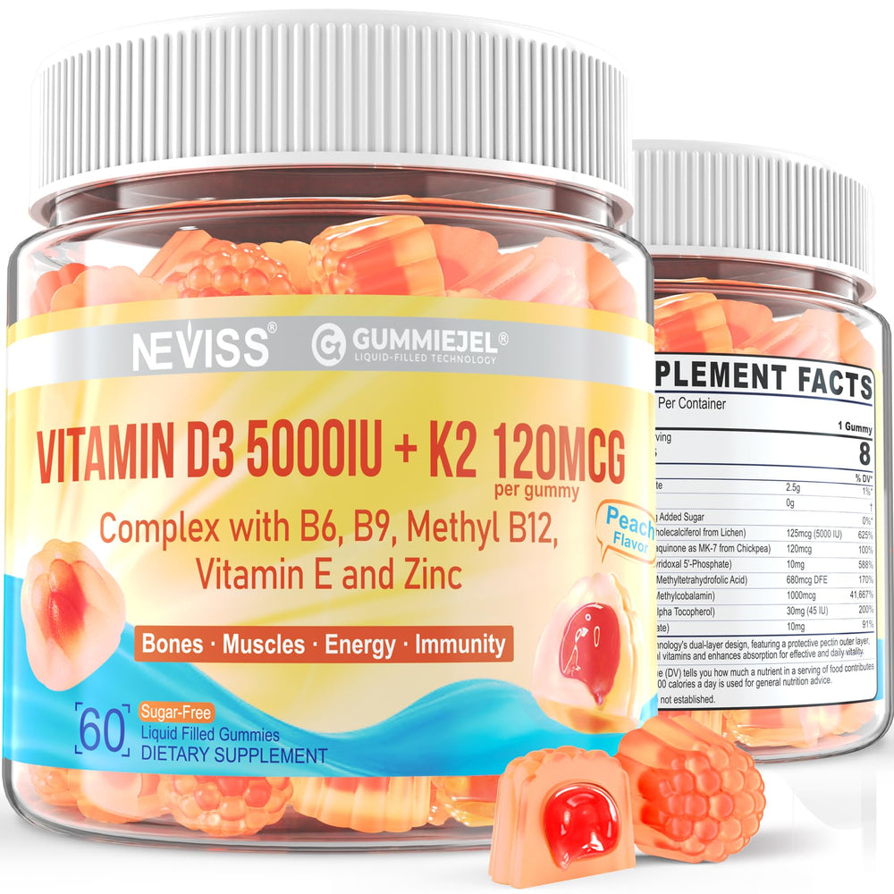 NEVISS envase frontal de gomitas D3 K2 mostrando dosis clara