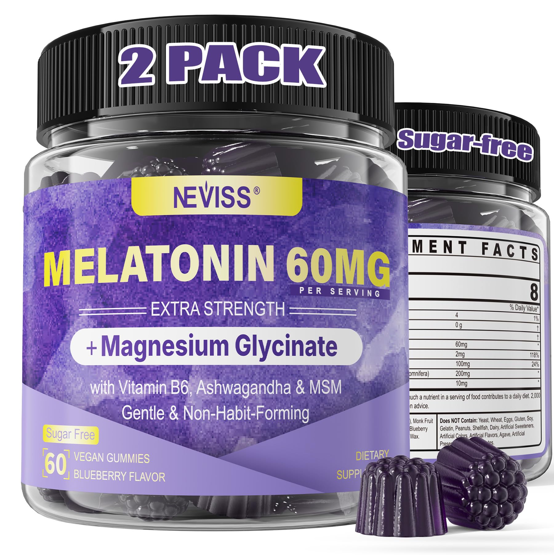 NEVISS envase frontal de gomitas 120 ct, presentación clara y confianza