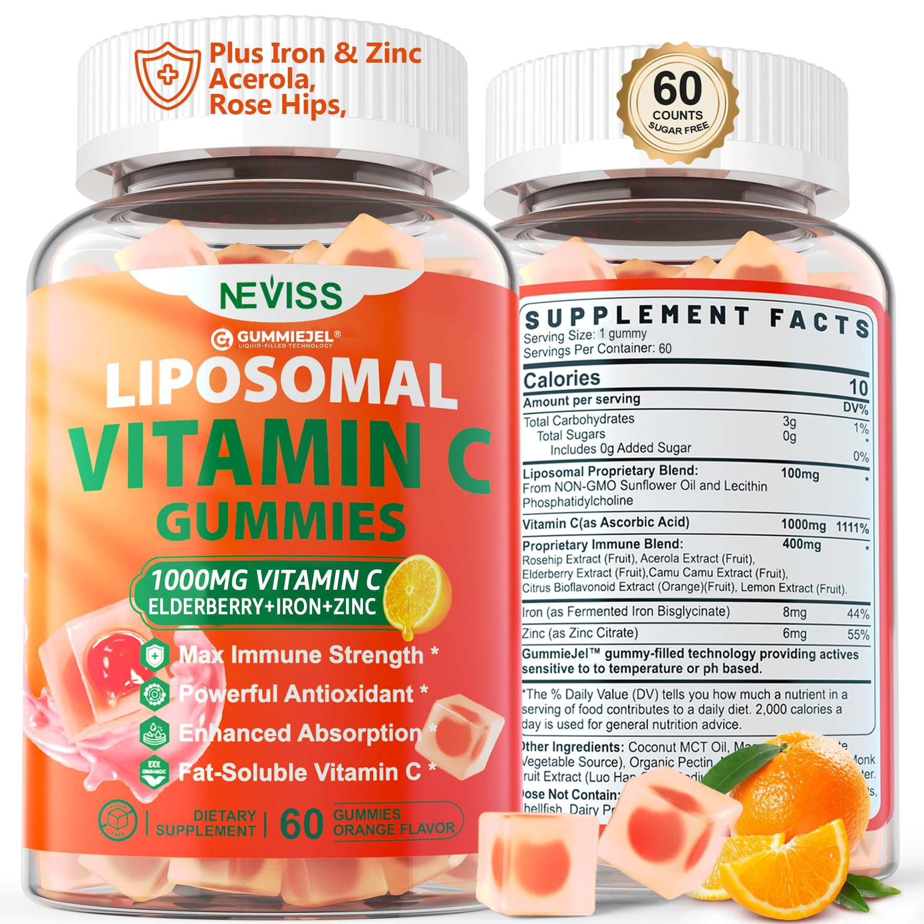 NEVISS envase frontal de Liposomal Vitamin C mostrando 60 unidades y beneficios