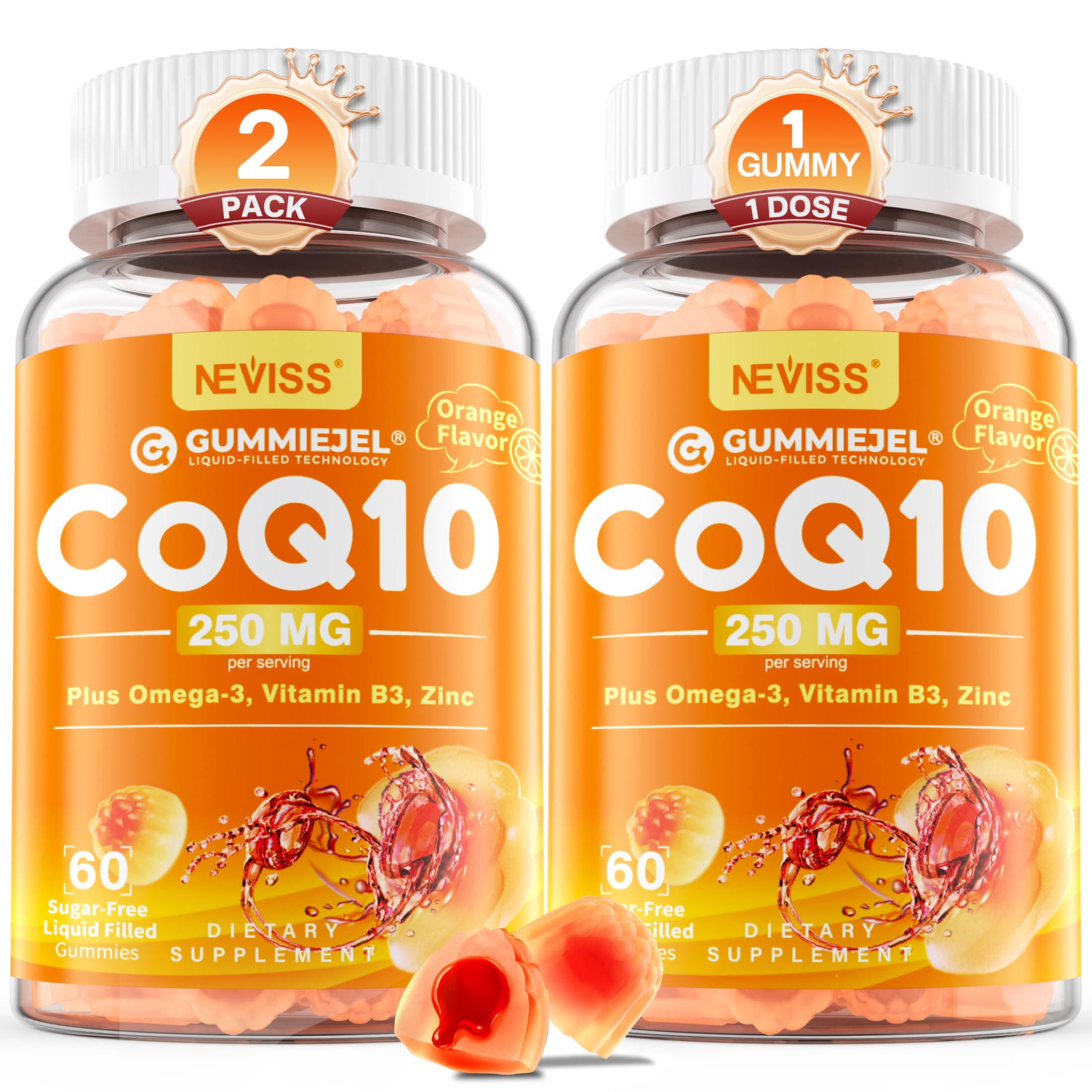 NEVISS frontal del envase de gomitas CoQ10 con beneficio de dosificación clara