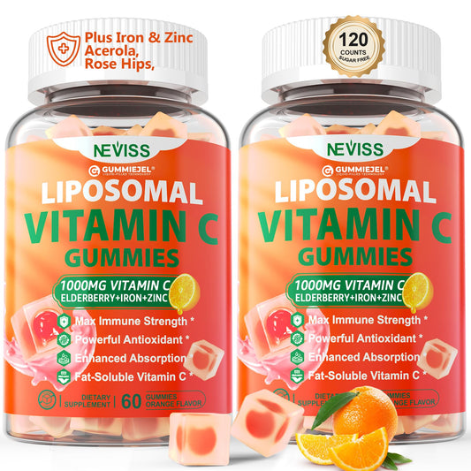 NEVISS envase frontal de Liposomal Vitamin C 120 gomitas, presentación clara y práctica