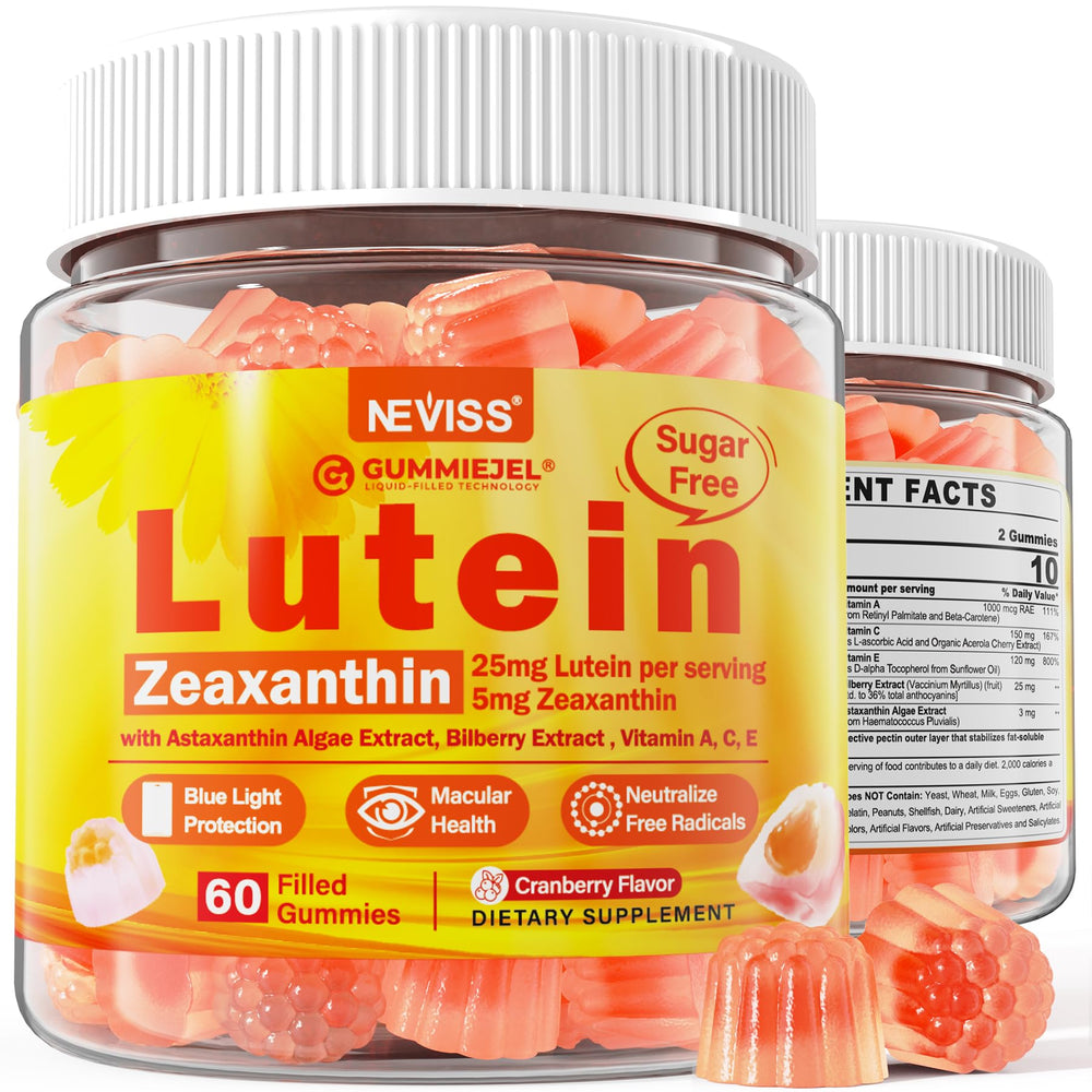 NEVISS envase frontal de gomitas con luteína y zeaxantina mostrando presentación
