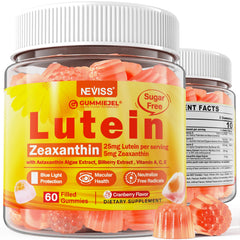 NEVISS envase frontal de gomitas con luteína y zeaxantina mostrando presentación