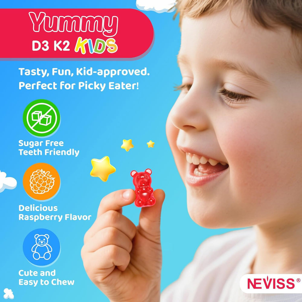 NEVISS niño tomando gomita en estilo de vida activo