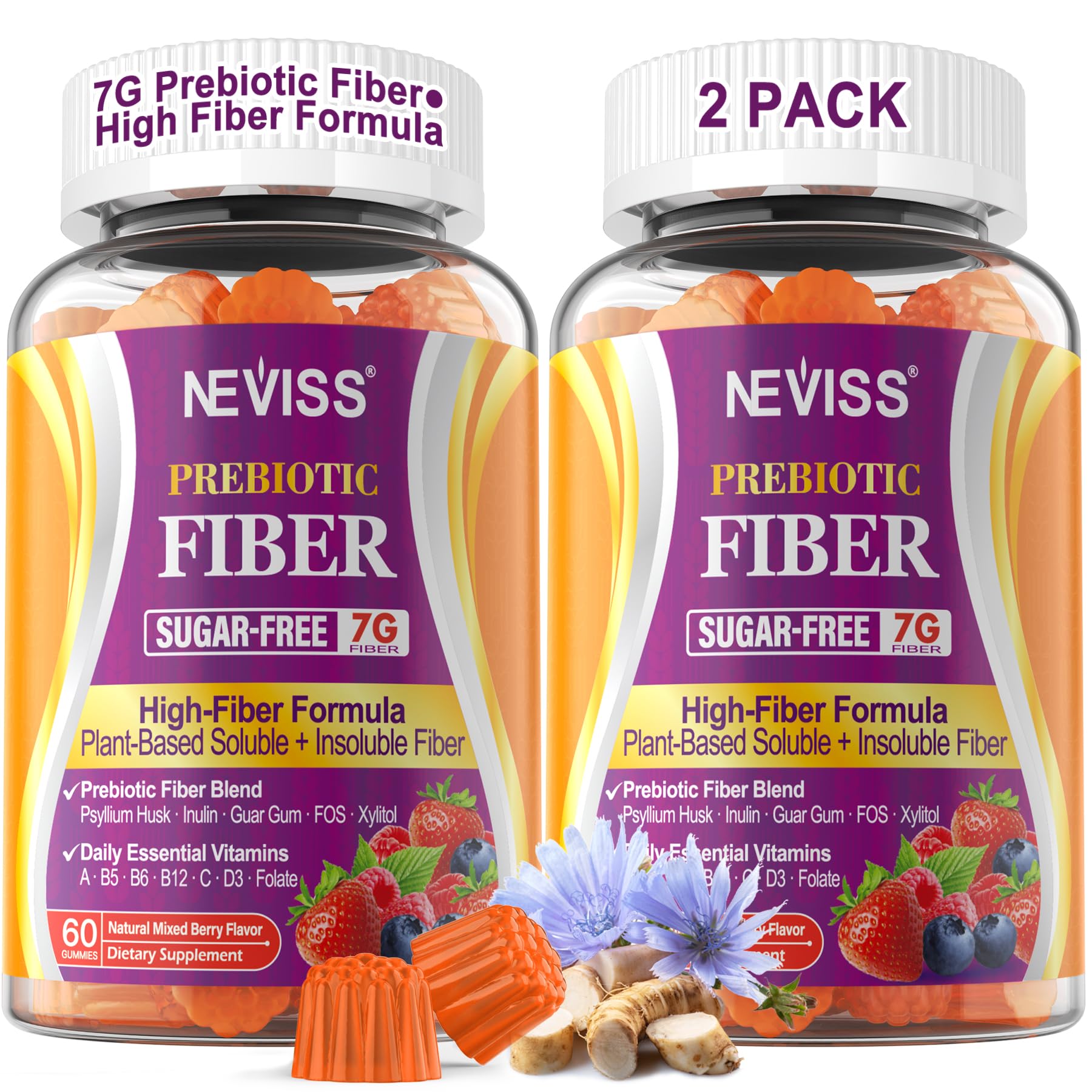 NEVISS vista frontal del paquete de Fiber Gummies que muestra la presentación y beneficio de 7 g de fibra