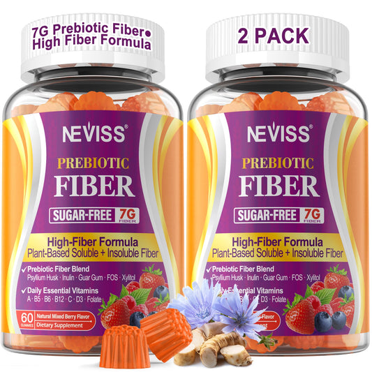 NEVISS vista frontal del paquete de Fiber Gummies que muestra la presentación y beneficio de 7 g de fibra