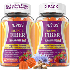 NEVISS vista frontal del paquete de Fiber Gummies que muestra la presentación y beneficio de 7 g de fibra