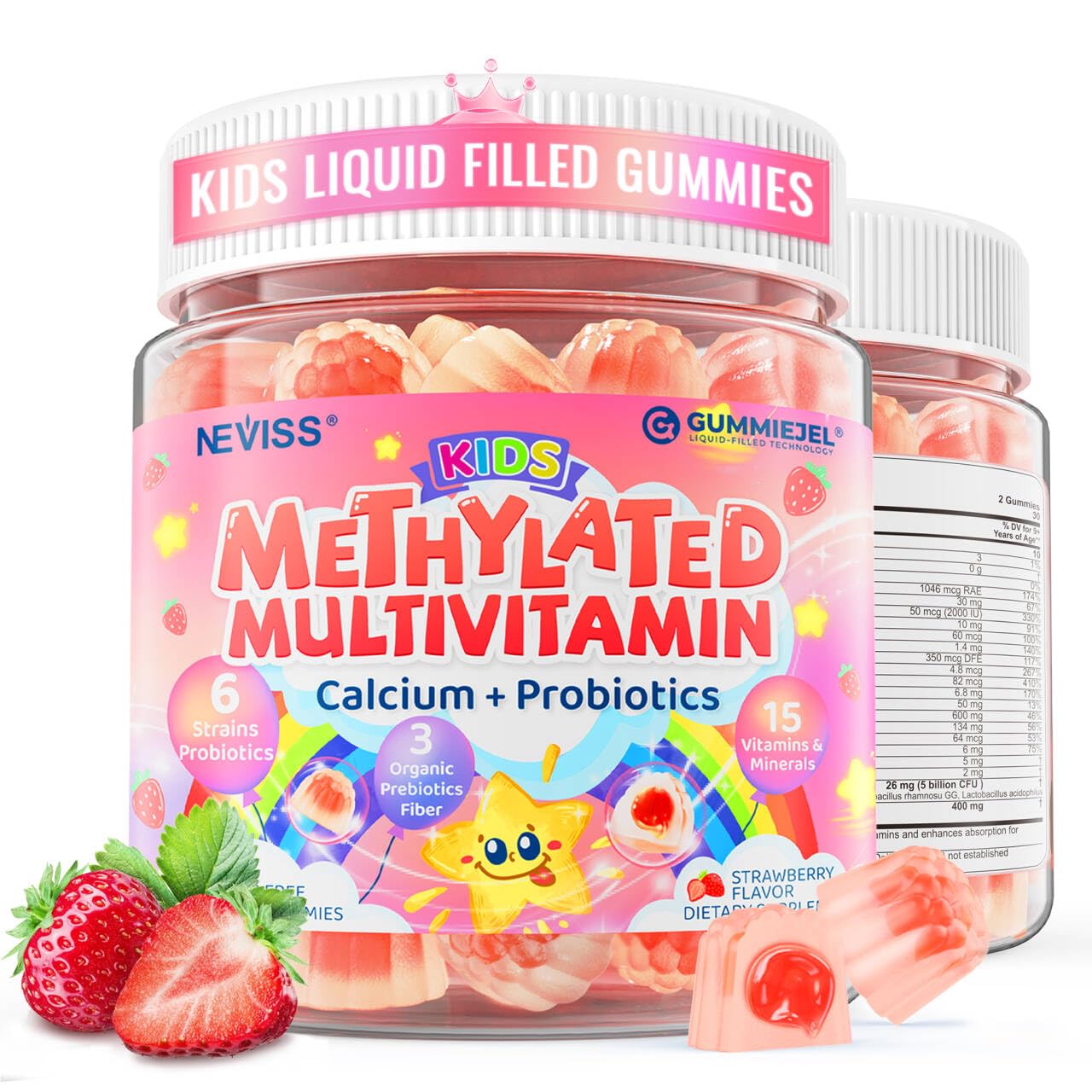 NEVISS envase frontal de gomitas 20-en-1 mostrando beneficios y sin azúcar