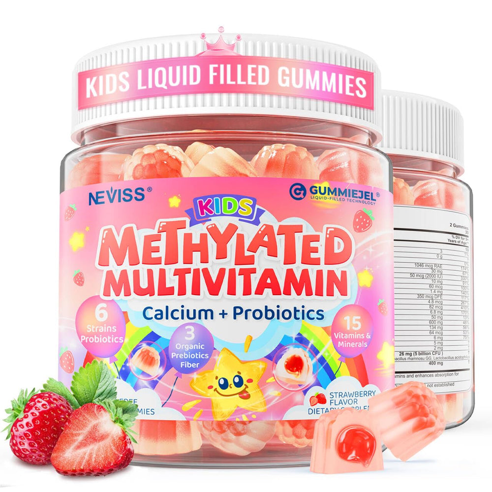 NEVISS envase frontal de gomitas 20-en-1 mostrando beneficios y sin azúcar