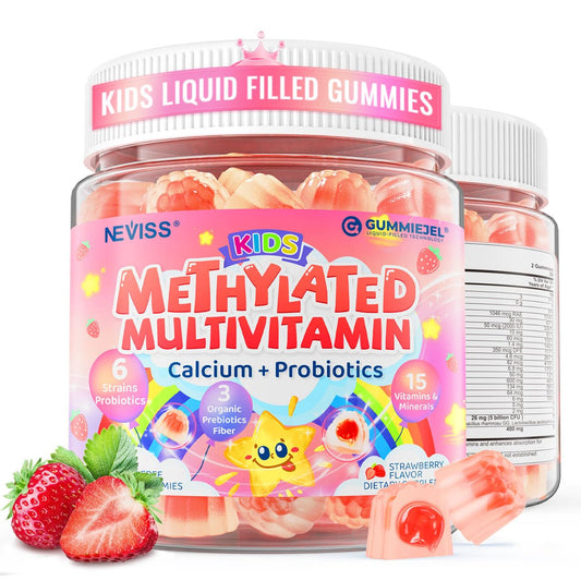 NEVISS envase frontal de gomitas 20-en-1 mostrando beneficios y sin azúcar
