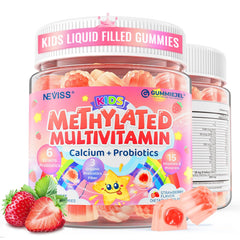 NEVISS envase frontal de gomitas 20-en-1 mostrando beneficios y sin azúcar