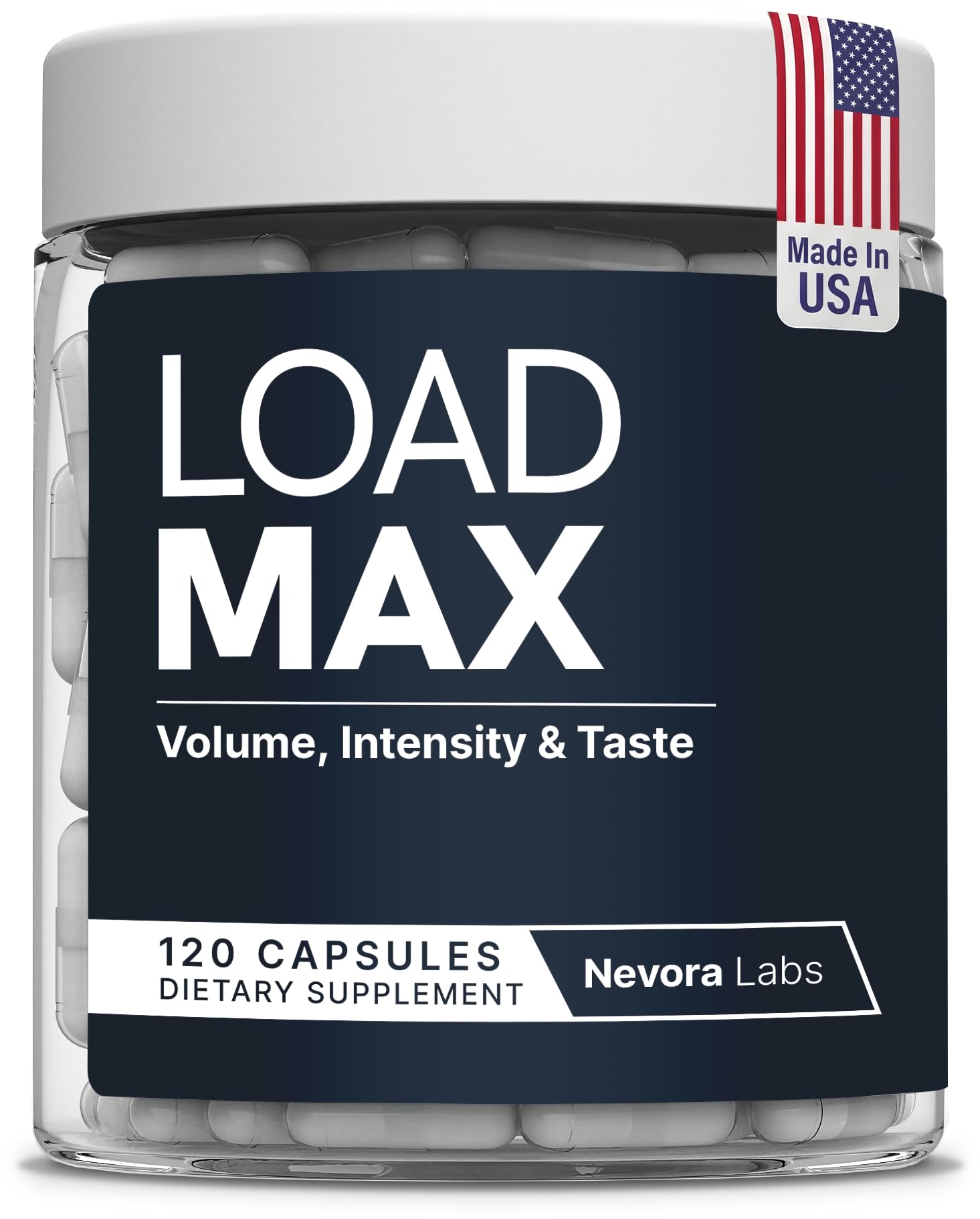 Nevora Labs Load Max vista frontal del envase mostrando diseño limpio y confianza
