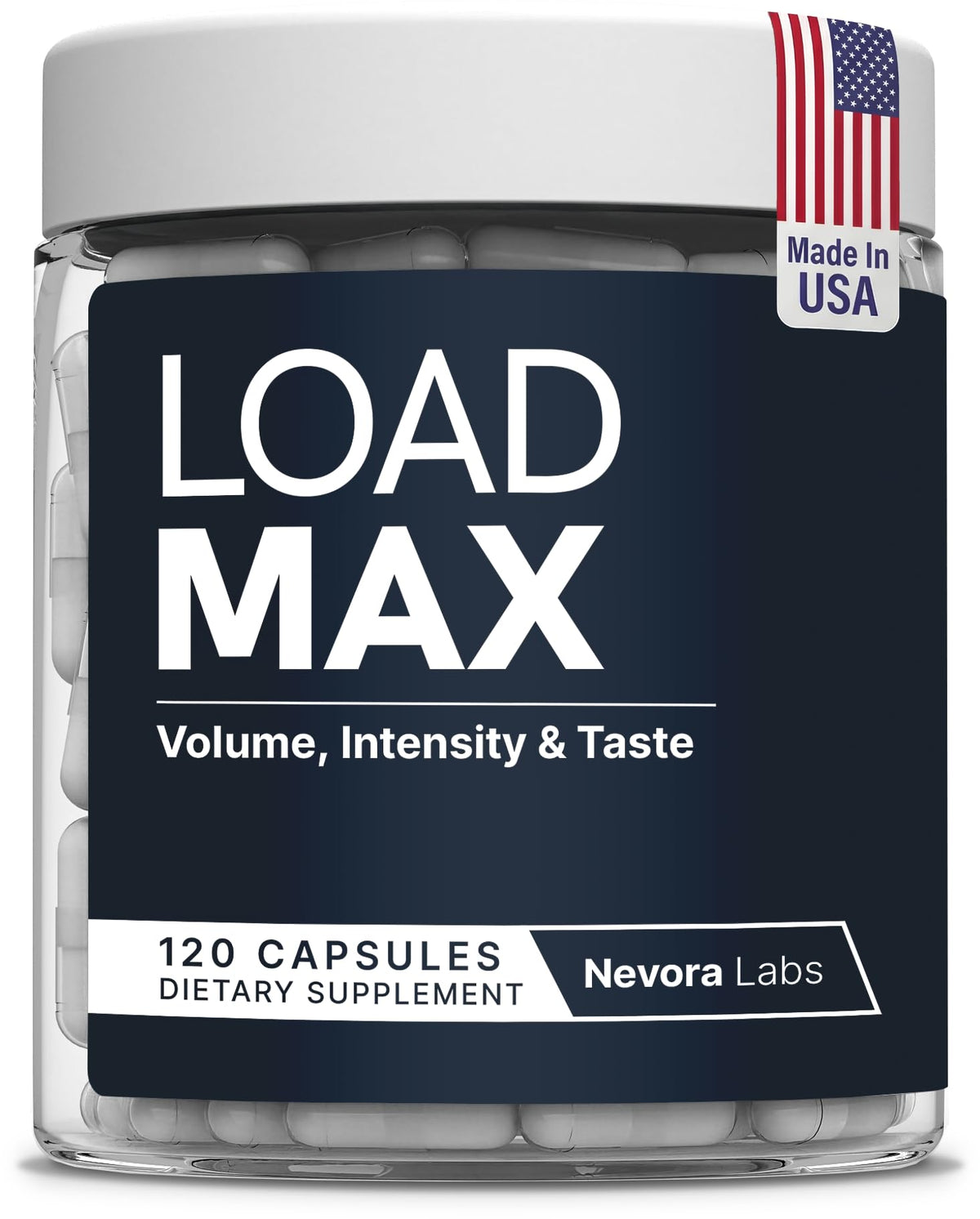 Nevora Labs Load Max vista frontal del envase mostrando diseño limpio y confianza