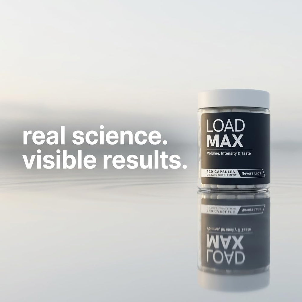 Nevora Labs Load Max cápsula junto a vaso de agua indicando toma diaria simple