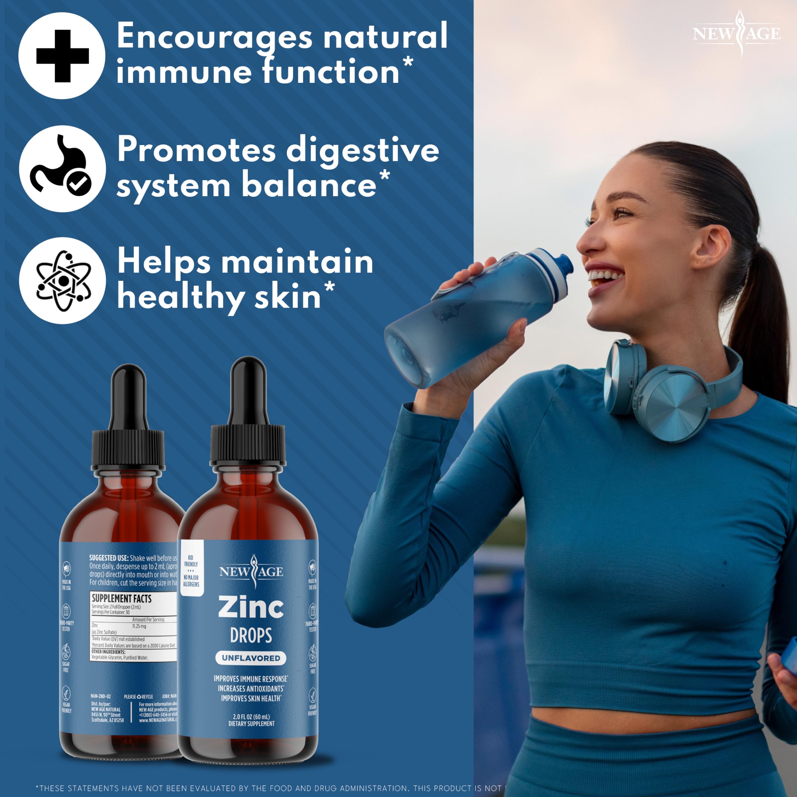 NEW AGE etiqueta con ingredientes claros y la concentración de zinc