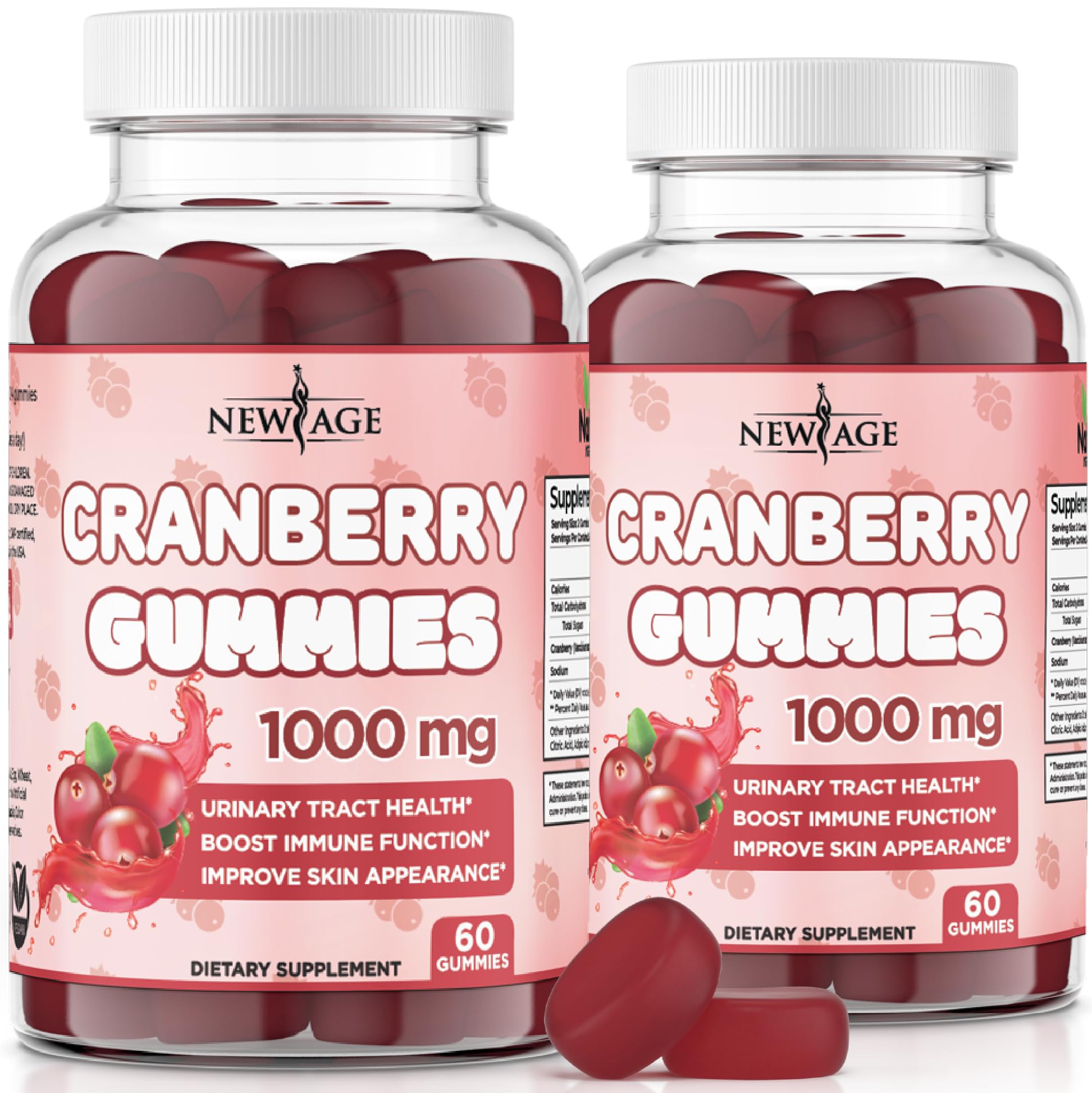 NEW AGE frente del envase con gomitas cranberry y beneficio de apoyo urinario