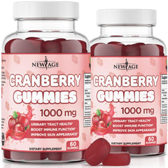 NEW AGE frente del envase con gomitas cranberry y beneficio de apoyo urinario