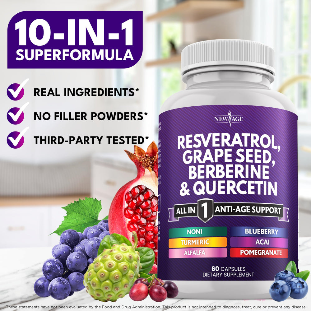 NEW AGE composición de noni, açaí y semillas de uva para ilustrar origen vegetal y polifenoles