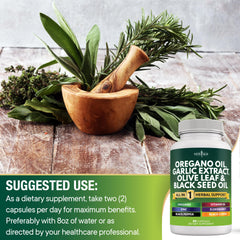 Ingredientes naturales: orégano, ajo, hoja de olivo y astrágalo al lado del frasco NEW AGE