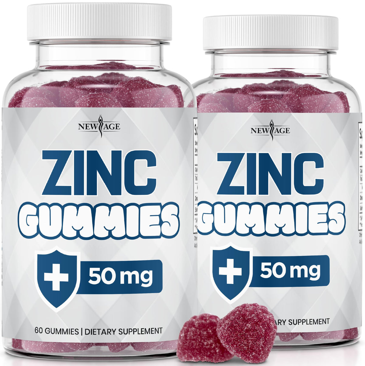NEW AGE empaque frontal de Zinc Gummies mostrando dos envases y diseño claro para confianza